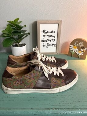 Men's Paisley Leather Lace-Up Sneakers - Brown & Green